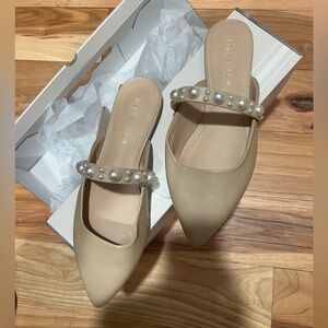 Copper Key Pearl-Accent Pointed Toe Mules - Beige